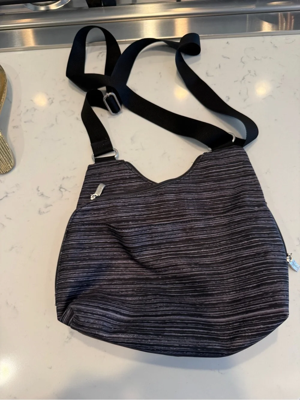 Baggallini Gray Black Striped Crossbody Bag Adjustable Strap Travel Purse
